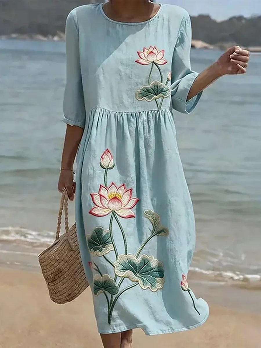 Effortless Blue Floral Maxi Dress for Women with Round Neck