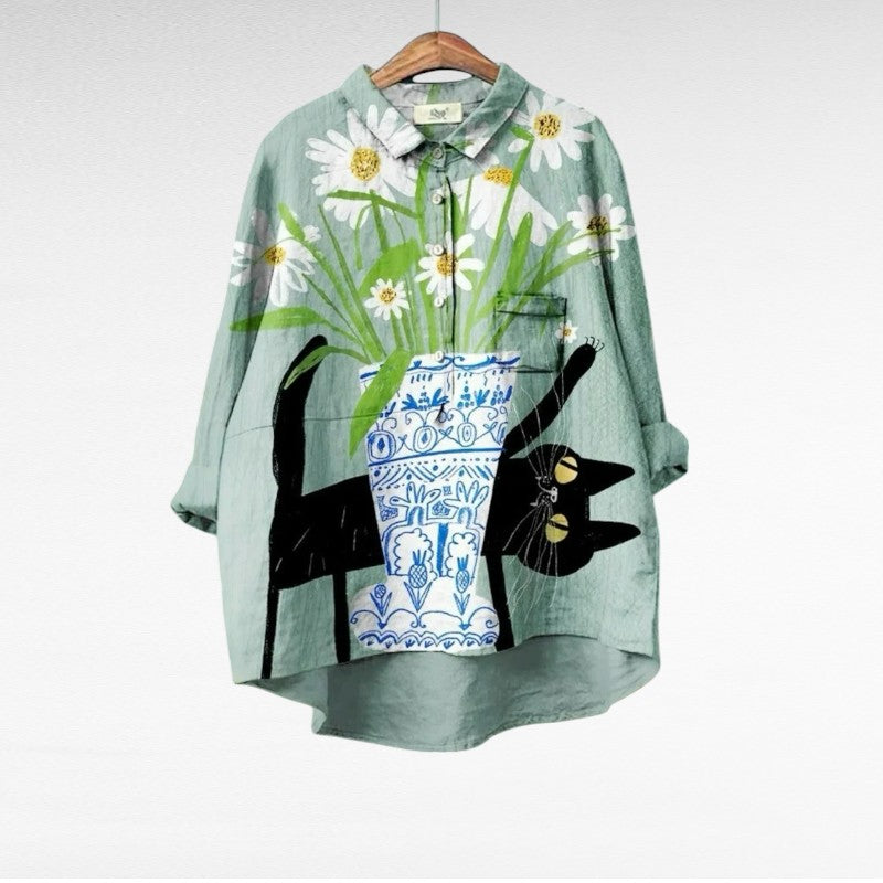 Stylish Green Floral Blouse for Women with Long Sleeve