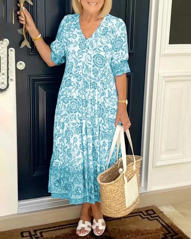 Stylish Flowy Floral Maxi Dress for Women with V Neck