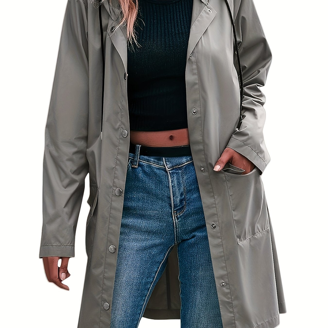 Effortless Hooded Jacket for Women with Button Front Longline Patch Pocket Style
