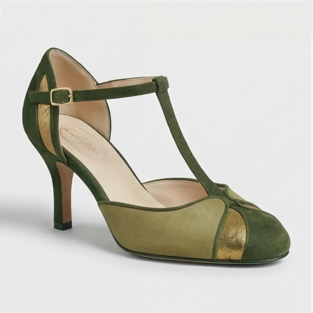 Comfortable Green Suede Heels for Women with T Strap Kitten Heel Buckle Style