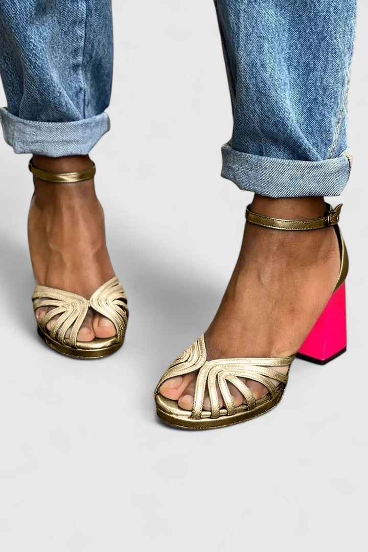Comfortable Gold Heels for Women with Ankle Strap Open Toe Style