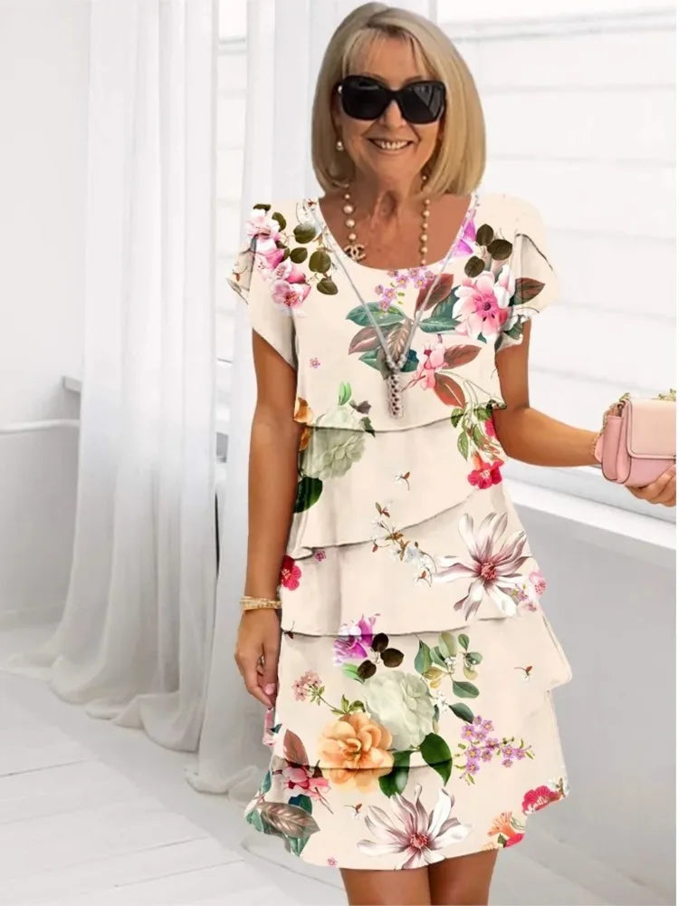 Effortless Apricot Mini Dress for Women with Round Neck Layered