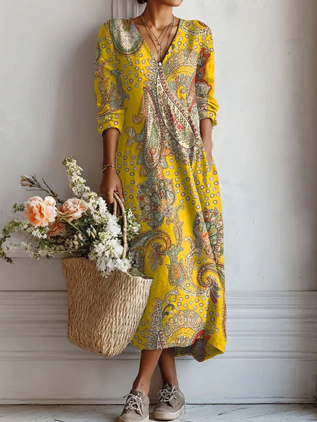 Stylish Yellow Mini Dress for Women with V Neck Retro