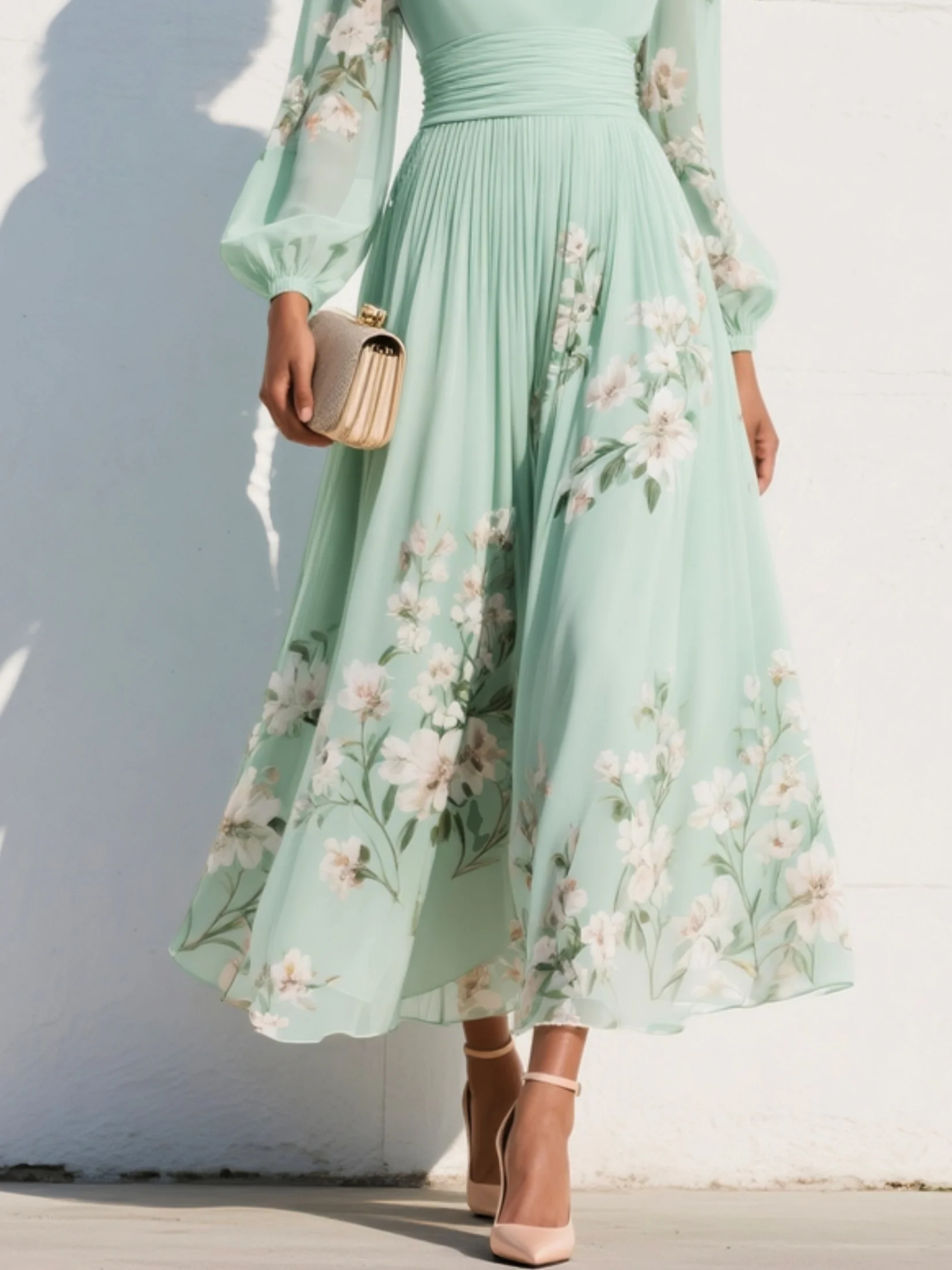Effortless Light Green Floral Chiffon Midi Dress for Women with V Neck