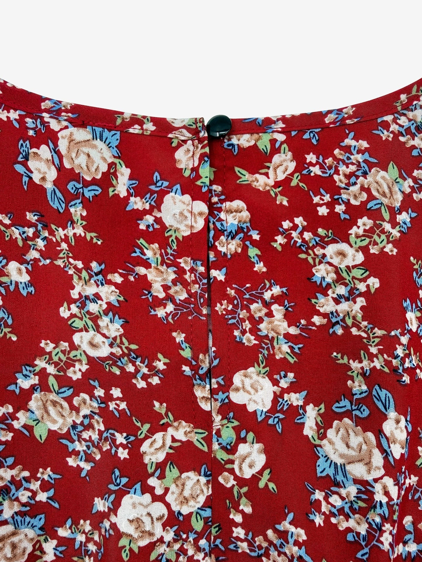 Elegant Red Floral Midi Dress for Women with Puff Sleeve Fitted Waist Side Slit Style