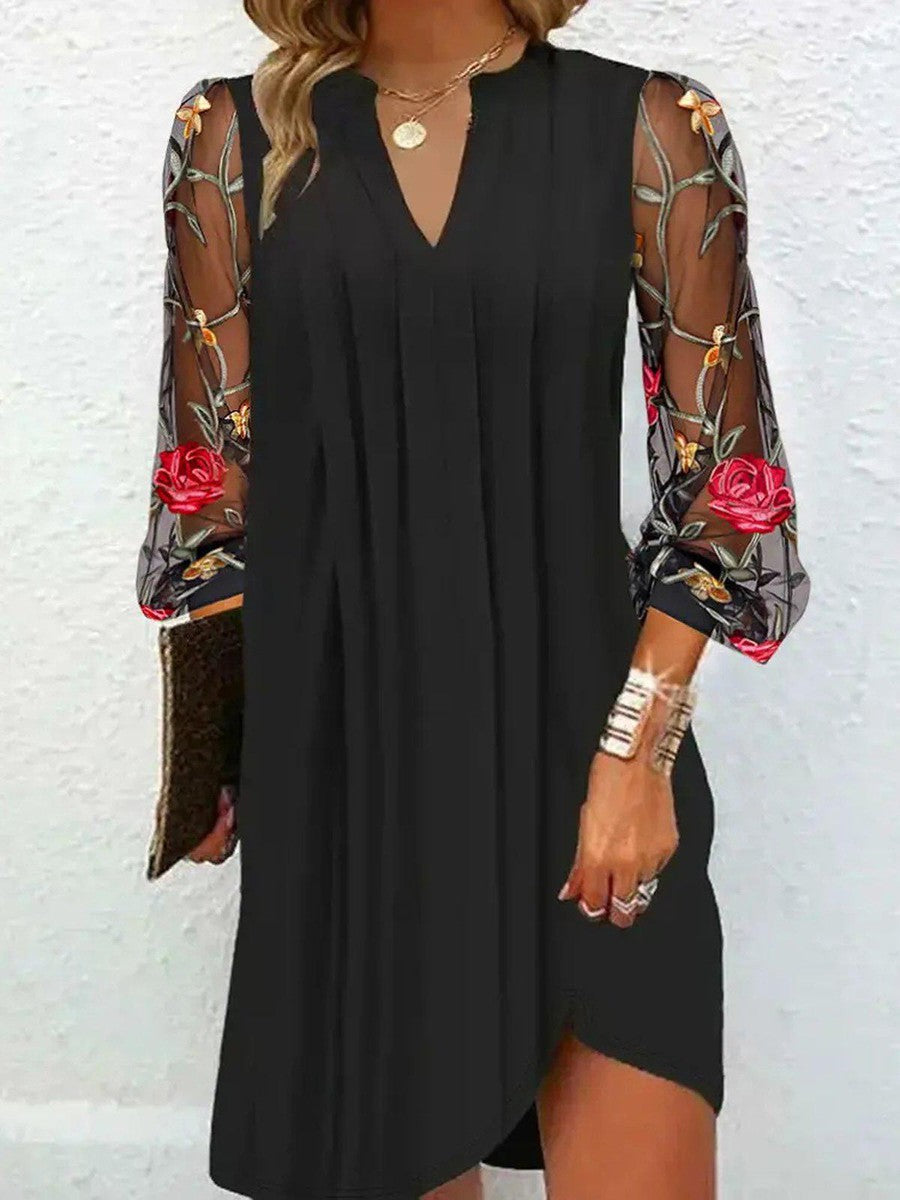 Effortless Black Floral Mini Dress for Women with V Neck