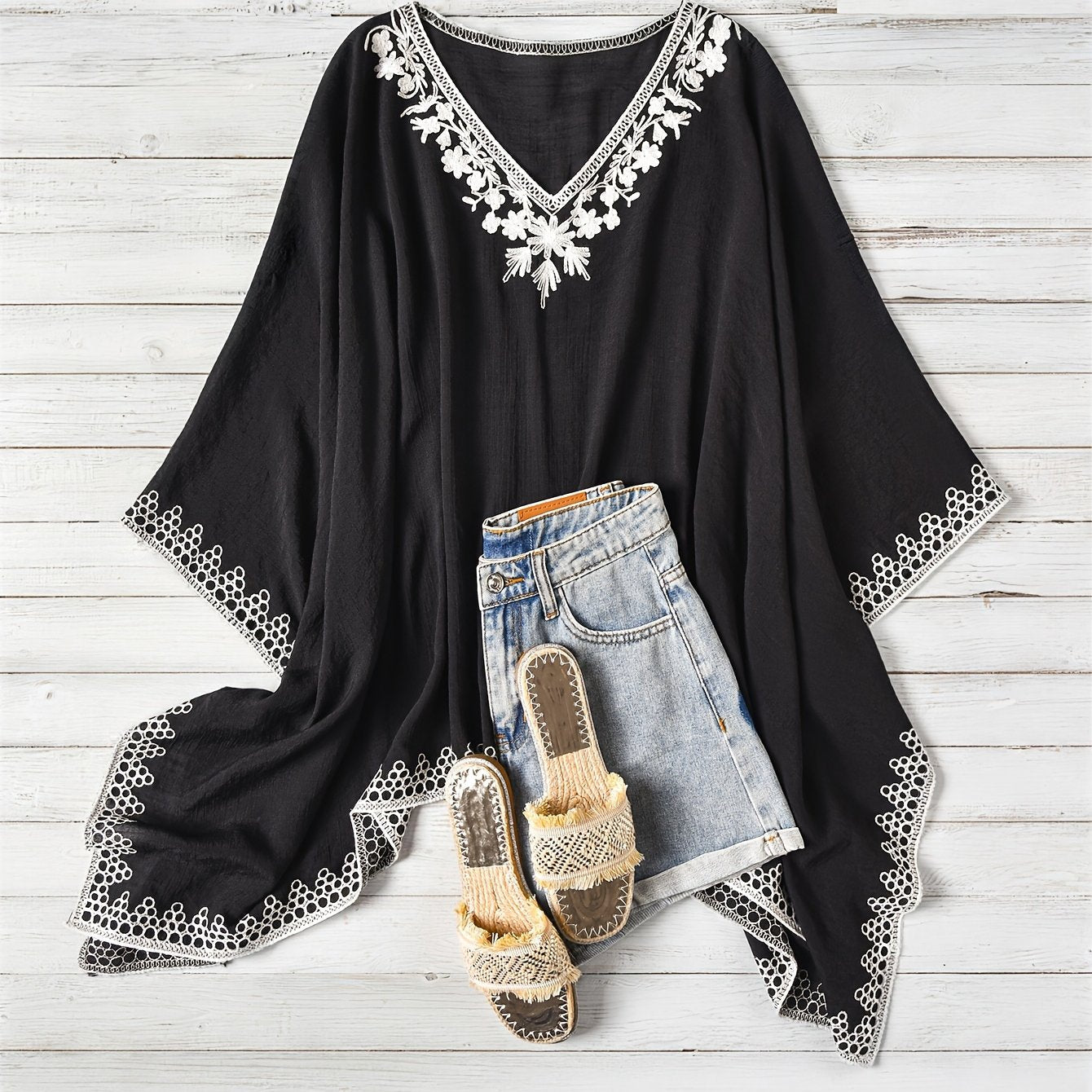 Effortless Poncho Shirt for Women with Embroidered Trim Batwing Sleeve Style