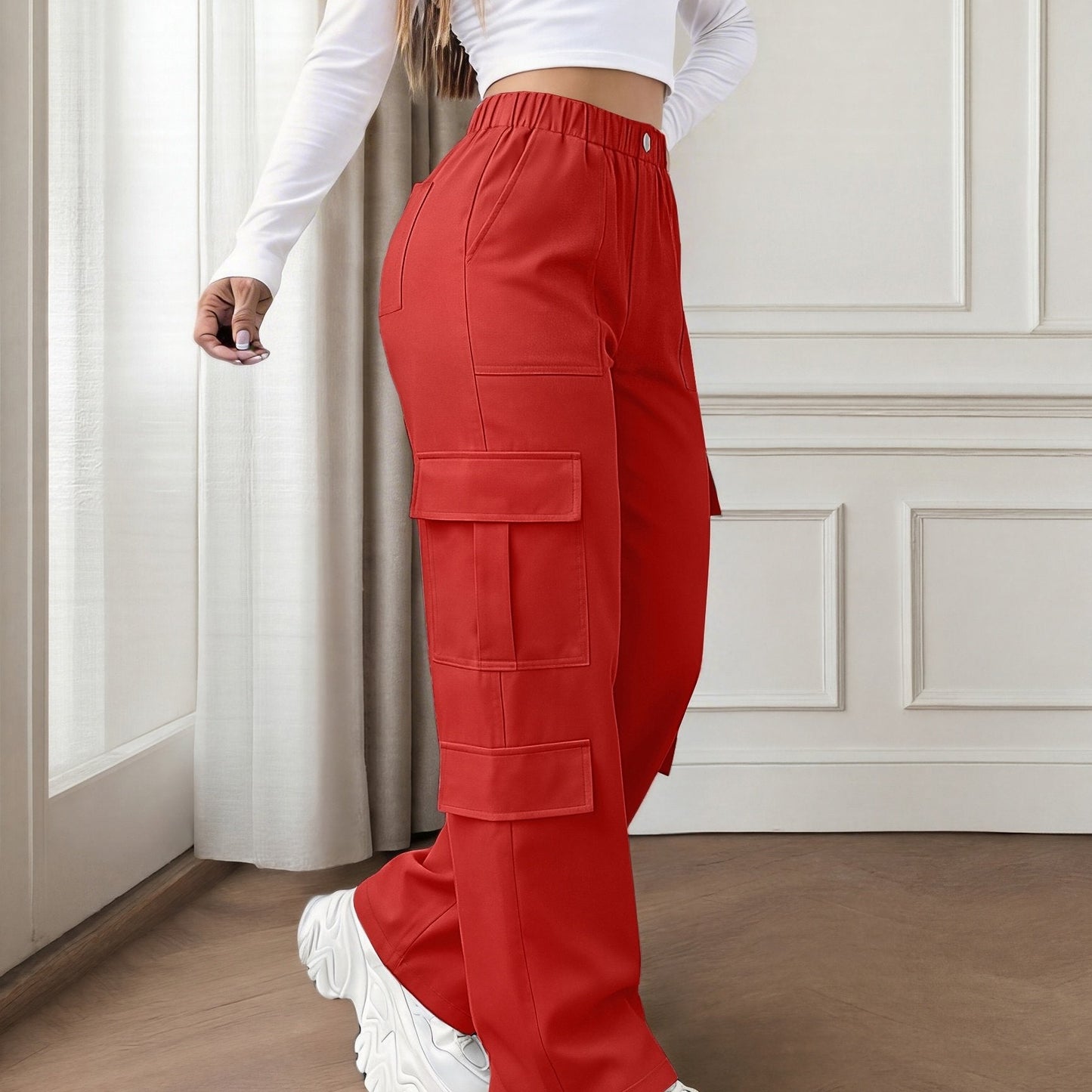 Effortless Red Cargo Pants for Women with High Waist Wide Leg Pocket Style