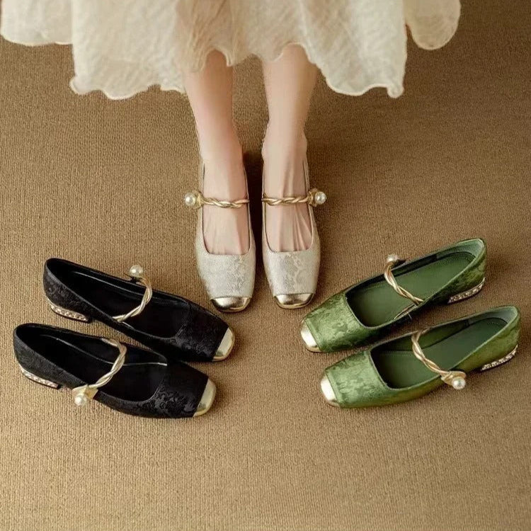 Comfortable Mary Jane Shoes for Women with Braided Block Heel Metallic Style
