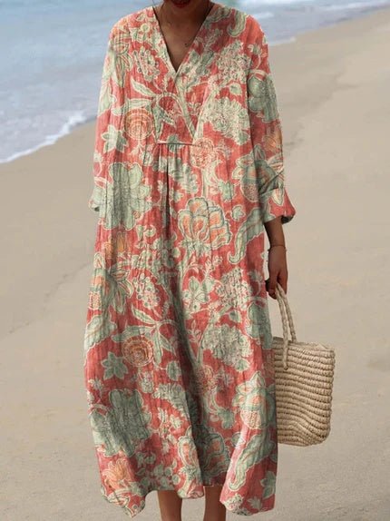 Sienna | Women's Boho V-Neck Short-Sleeve Striped Midi Dress