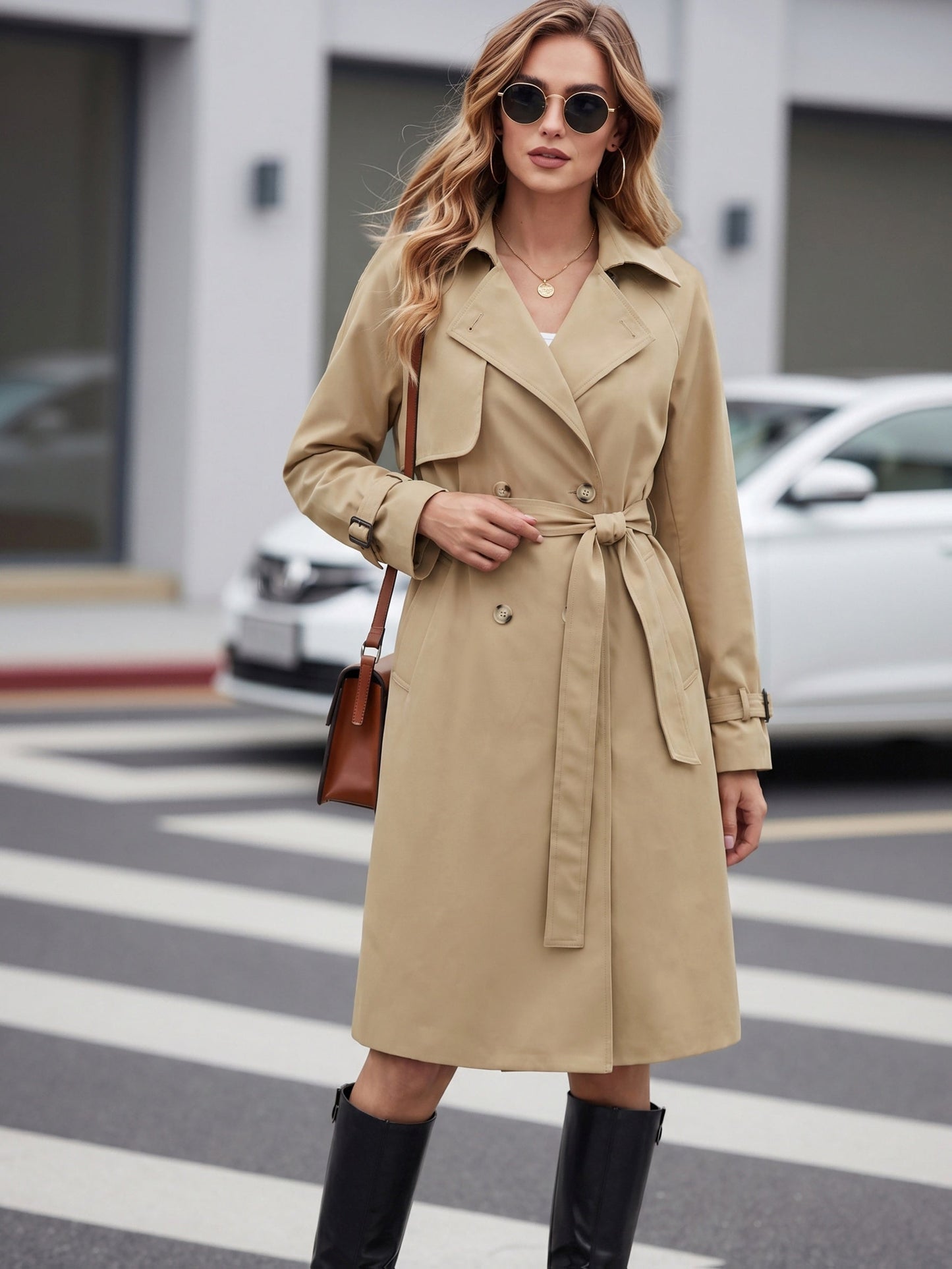 Elegant Khaki Trench Coat for Women with Notch Collar Belted Waist Long Style