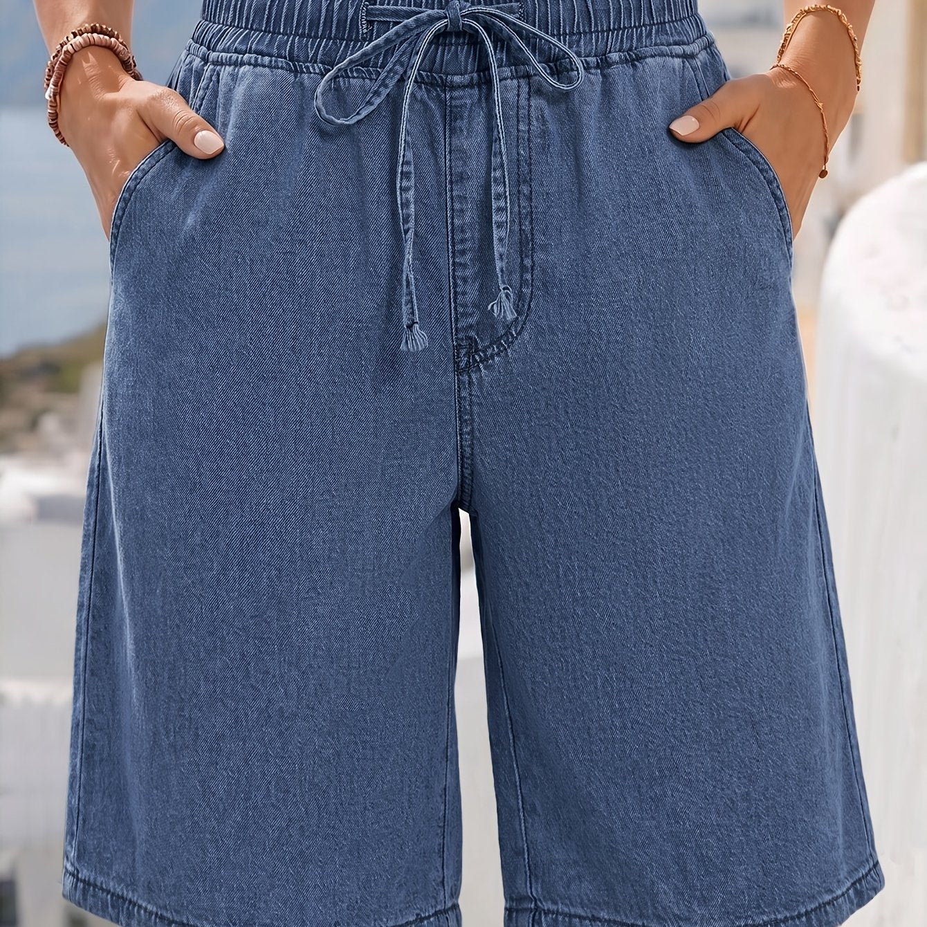 Effortless Blue Denim Bermuda Shorts for Women with Drawstring High Waist Relaxed Style