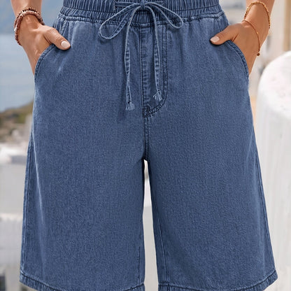 Effortless Blue Denim Bermuda Shorts for Women with Drawstring High Waist Relaxed Style
