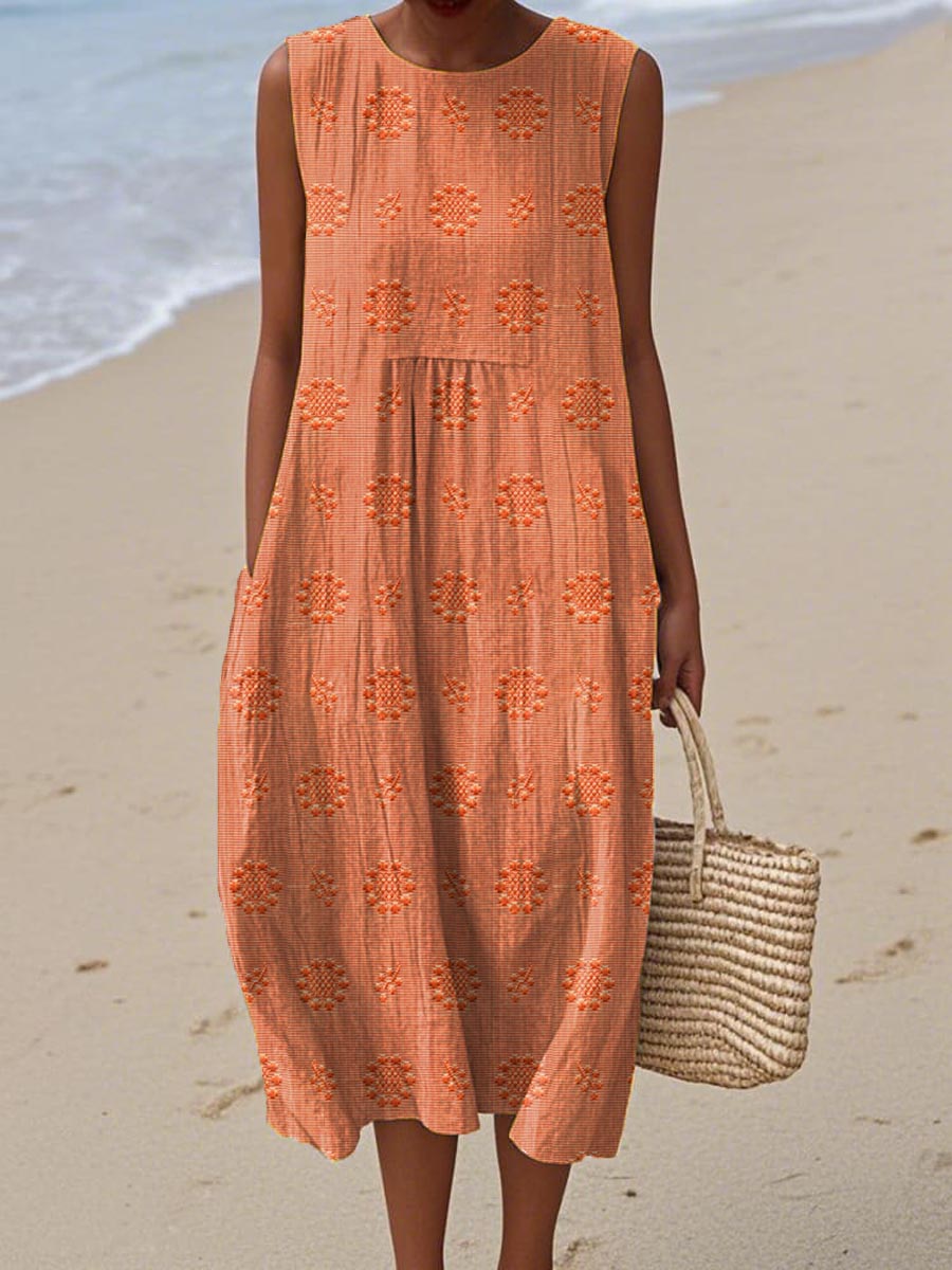 Stylish Floral Midi Dress for Women with Sleeveless Pocket