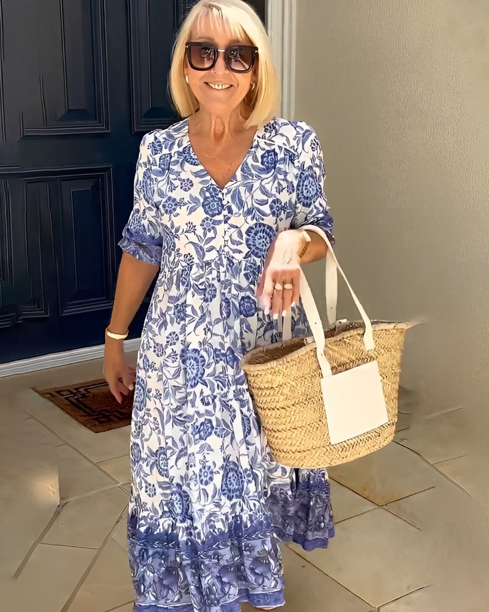 Stylish Floral Maxi Dress for Women with V Neck