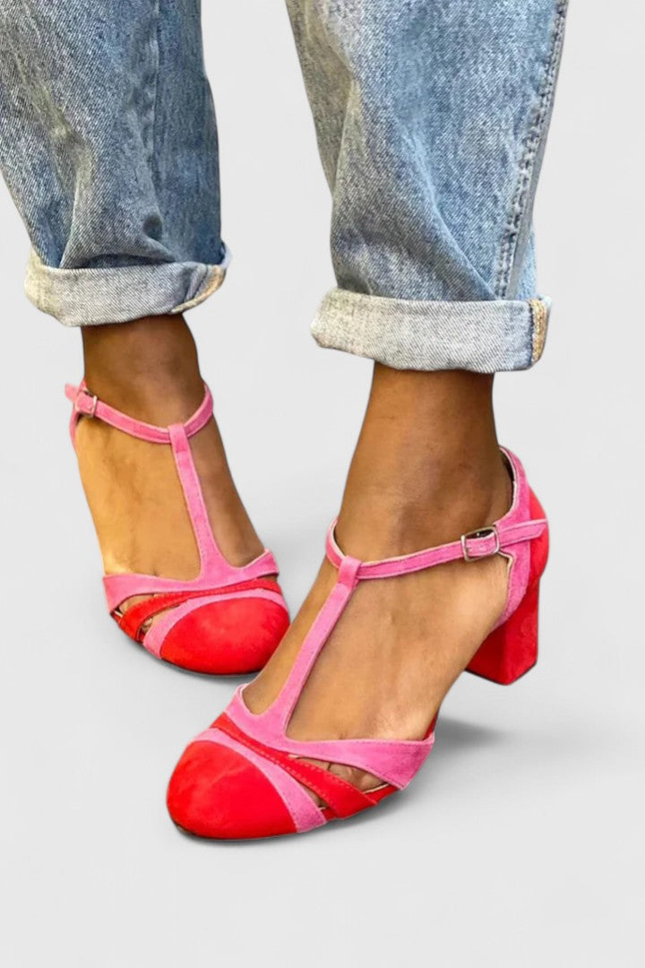 Comfortable Color Block Heels for Women with Ankle Strap Cushioned Style