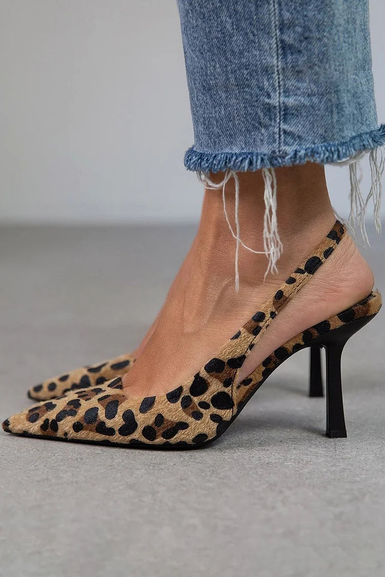 Comfortable Brown Leopard Heels for Women with Pointed Toe Slingback Style