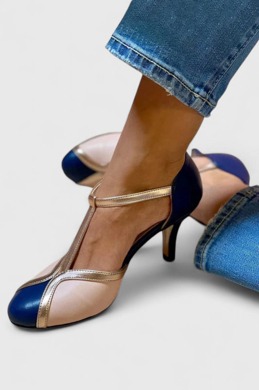 Comfortable Color Block Heels for Women with T Strap Style