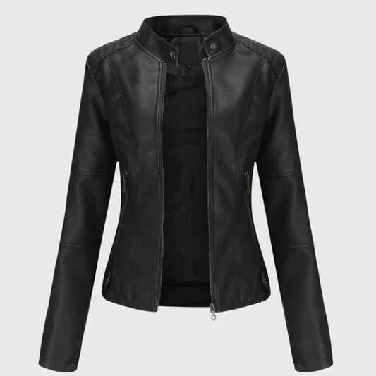 Elegant Leather Jacket for Women with Stand Collar Zip Front Fitted Style