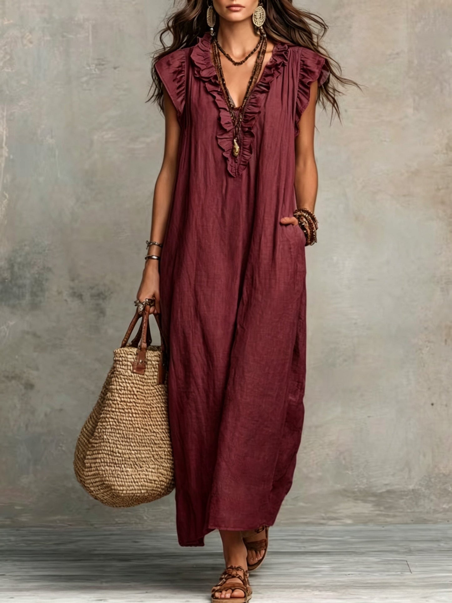 Effortless Maxi Dress for Women with V Neck Ruffled