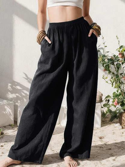 Stylish Wide Leg Linen Pants for Women with High Waist Relaxed Pocket Detail
