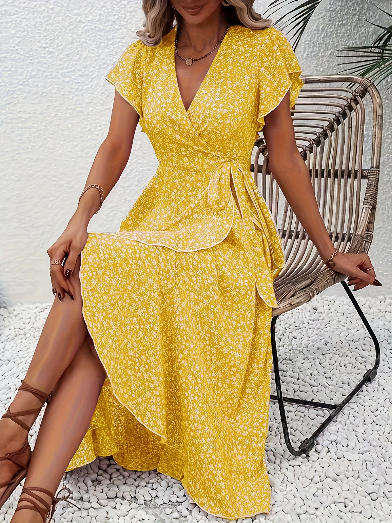 Elegant Floral Wrap Maxi Dress for Women with V Neck