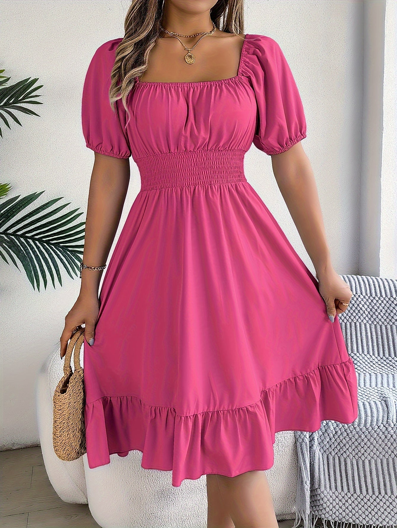 Elegant Evening Dress for Women with Square Neck Puff Sleeve A Line Formal Wedding Guest Style
