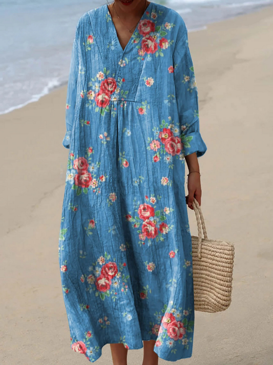 Stylish Blue Floral Dress for Women with Long Sleeve Vintage