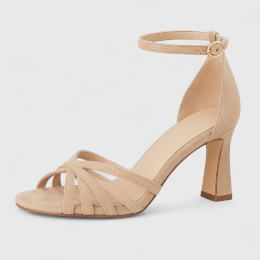 Comfortable Beige Heels for Women with Open Toe Block Heel Ankle Strap Style