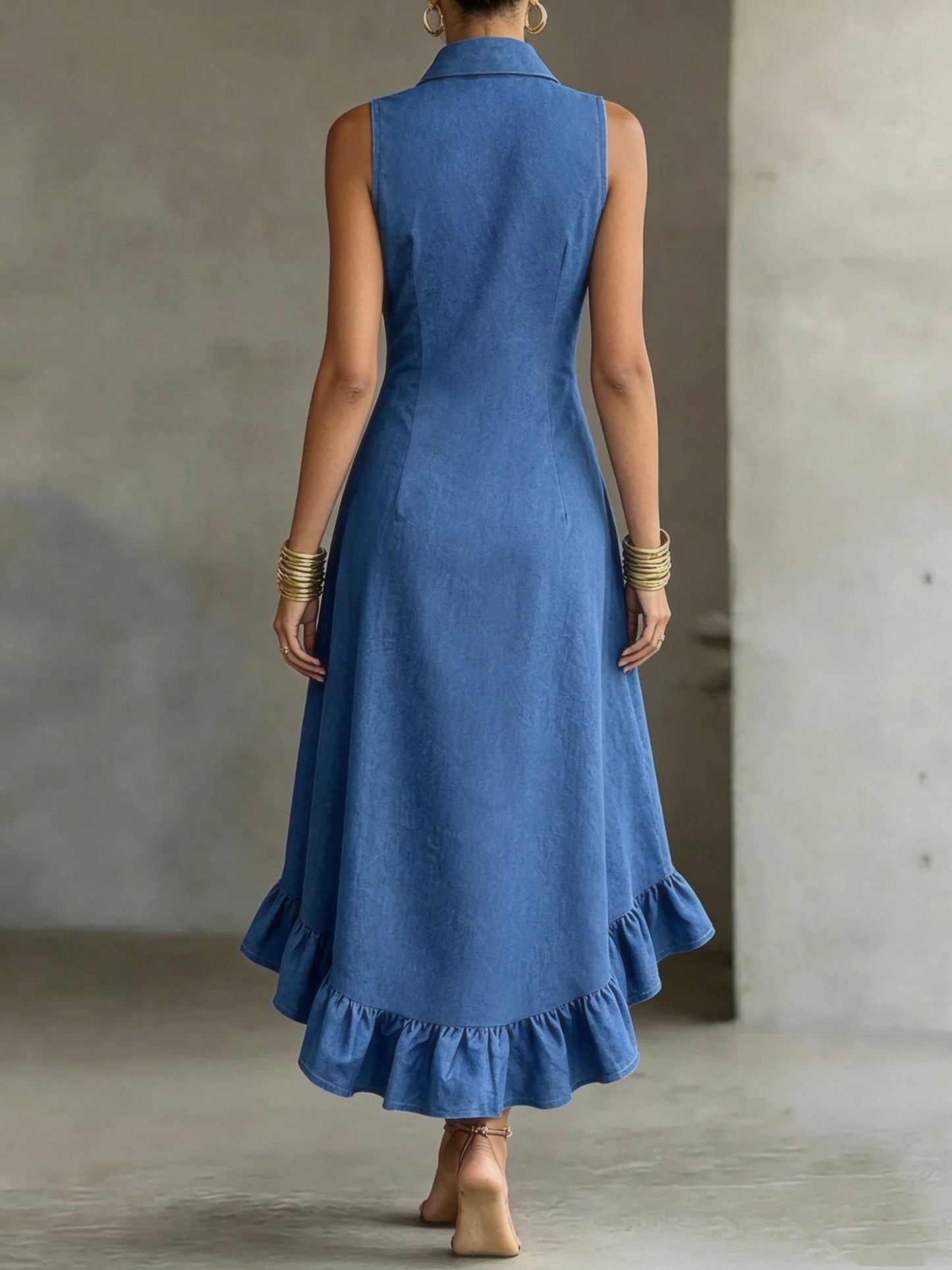 Elegant Blue Midi Dress for Women with Mock Neck Sleeveless Ruffle Hem Style