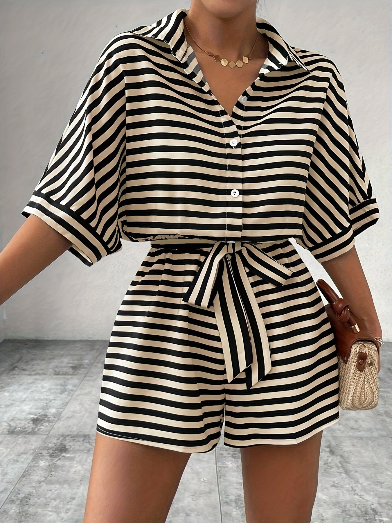 Effortless Striped Romper for Women with Collared Belted