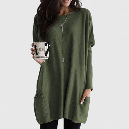 Comfortable Tunic for Women with Crew Neck Long Sleeve Oversized Pocket Casual Style
