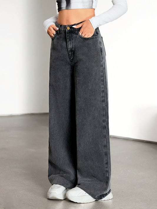Effortless Relaxed Grey Wide Leg Jeans for Women with High Waist Faded Wash Style