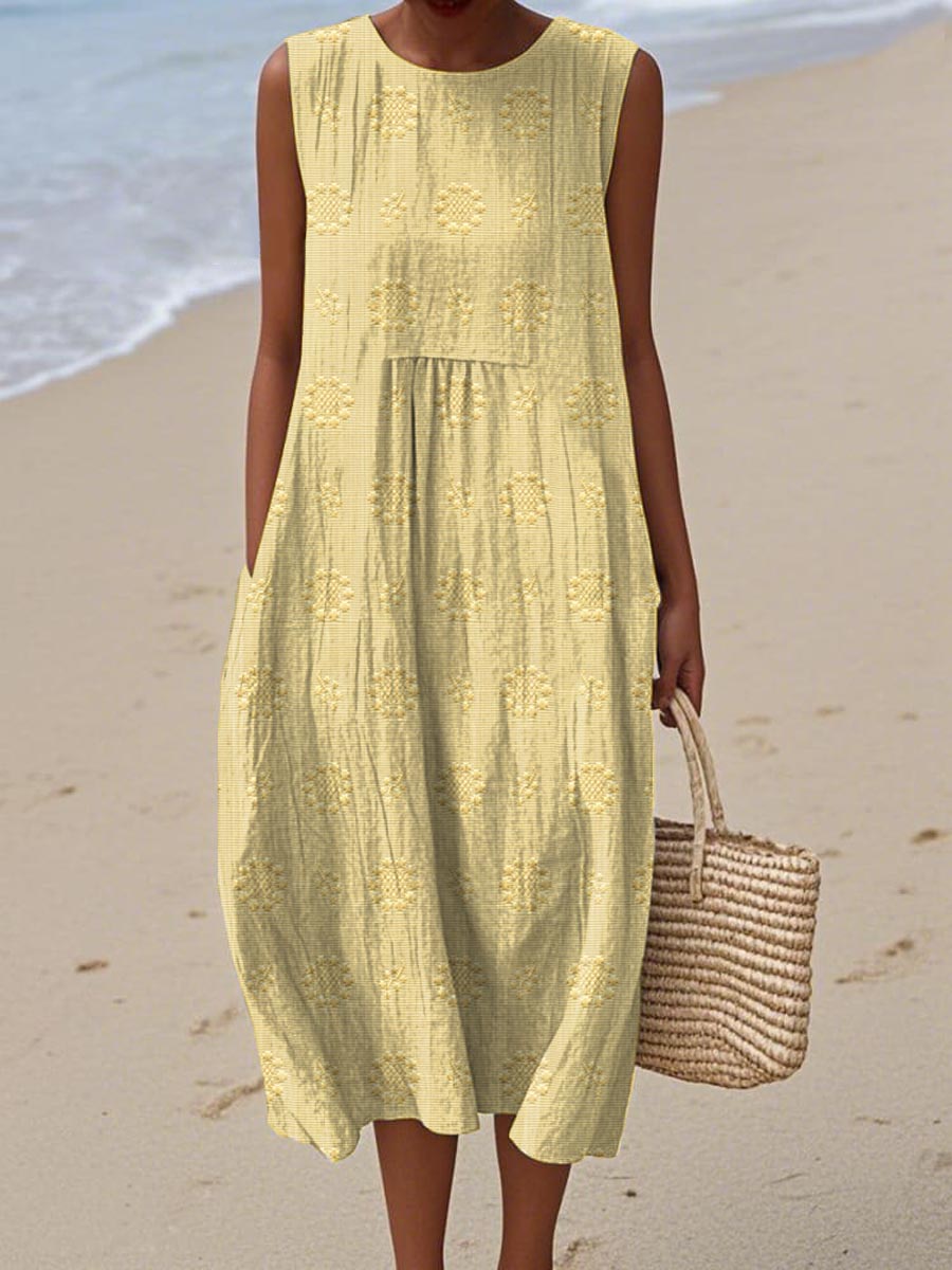 Elegant Floral Midi Dress for Women with Sleeveless Pocket