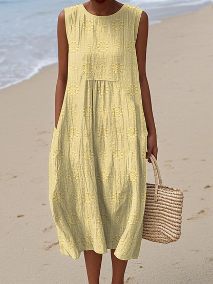 Elegant Floral Midi Dress for Women with Sleeveless Pocket