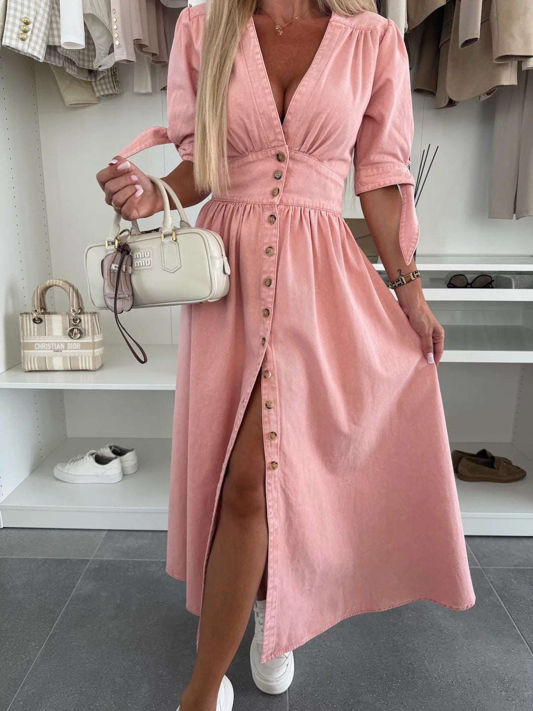 Effortless Denim Midi Dress for Women with V Neck Short Sleeve