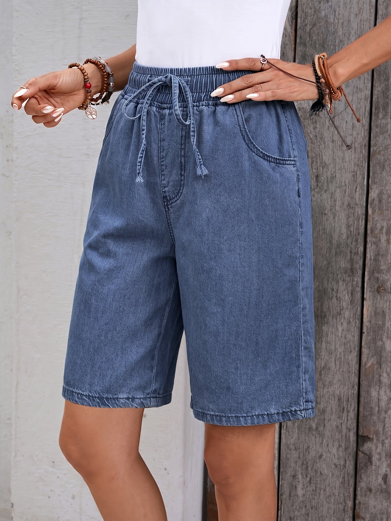 Effortless Blue Denim Bermuda Shorts for Women with Drawstring High Waist Relaxed Style