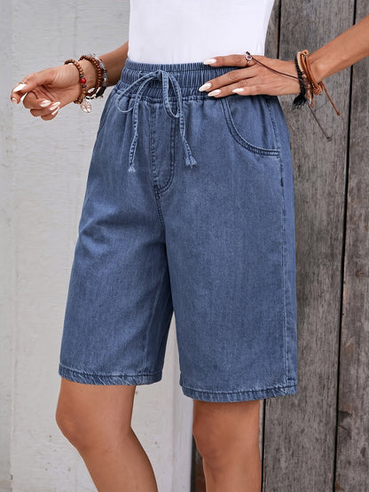 Effortless Blue Denim Bermuda Shorts for Women with Drawstring High Waist Relaxed Style