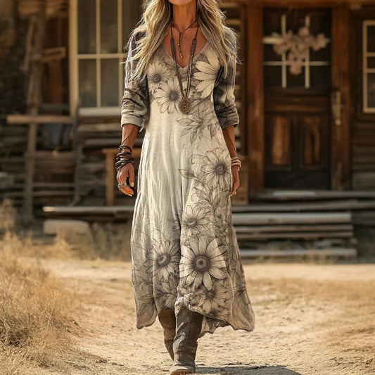 Stylish Flowy Floral Dress for Women with Long Sleeve Vintage