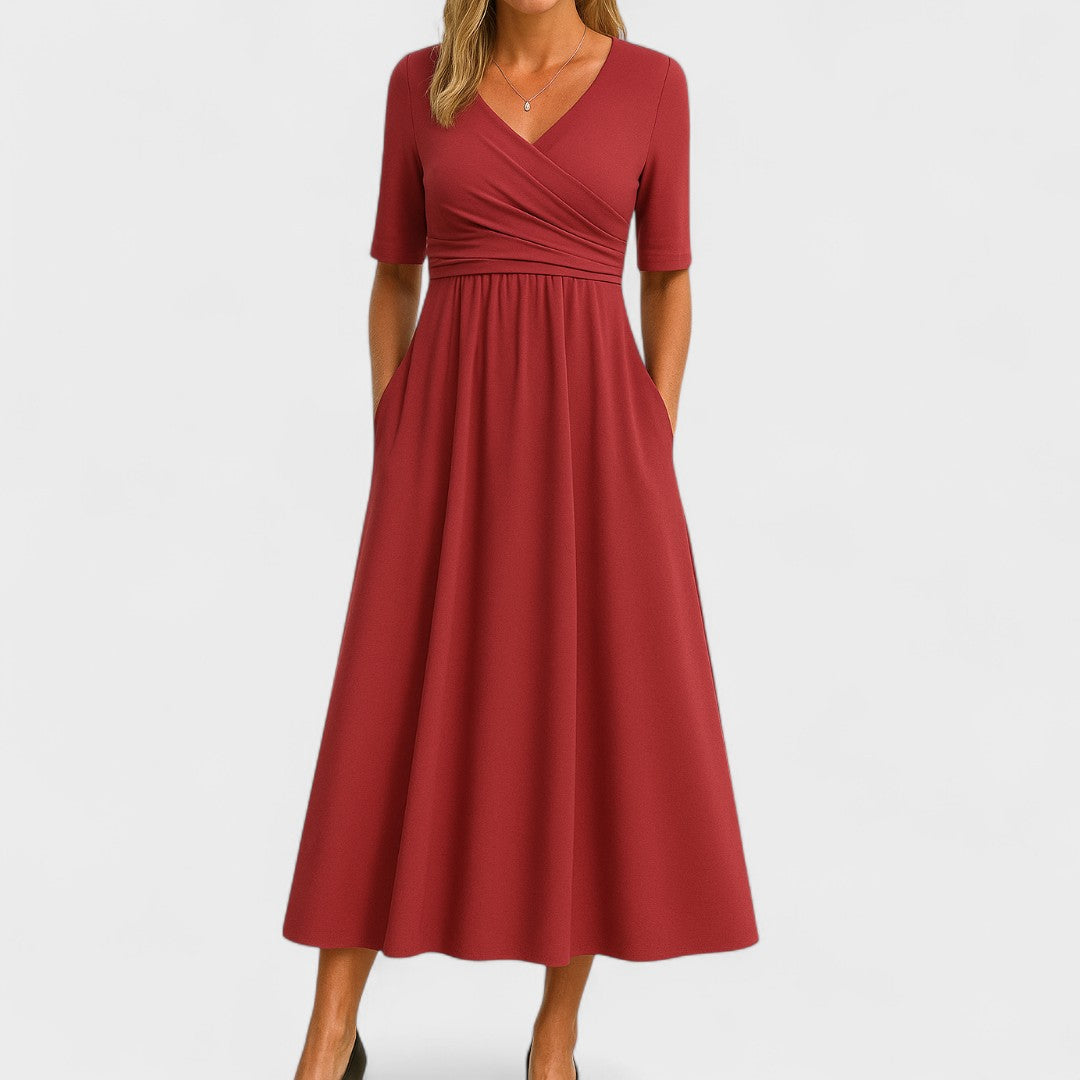 Effortless Wrap V-Neck Maxi Dress for Women with Short Sleeve Ruched Waist Pocket Casual Style