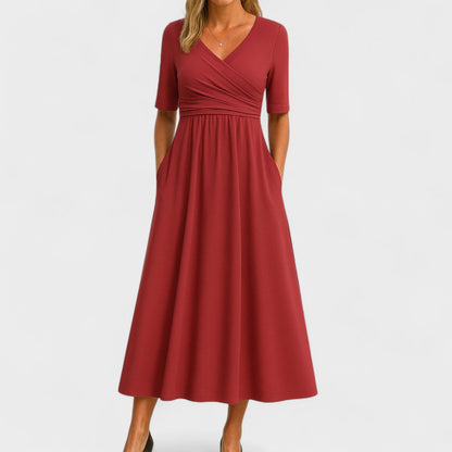 Effortless Wrap V-Neck Maxi Dress for Women with Short Sleeve Ruched Waist Pocket Casual Style