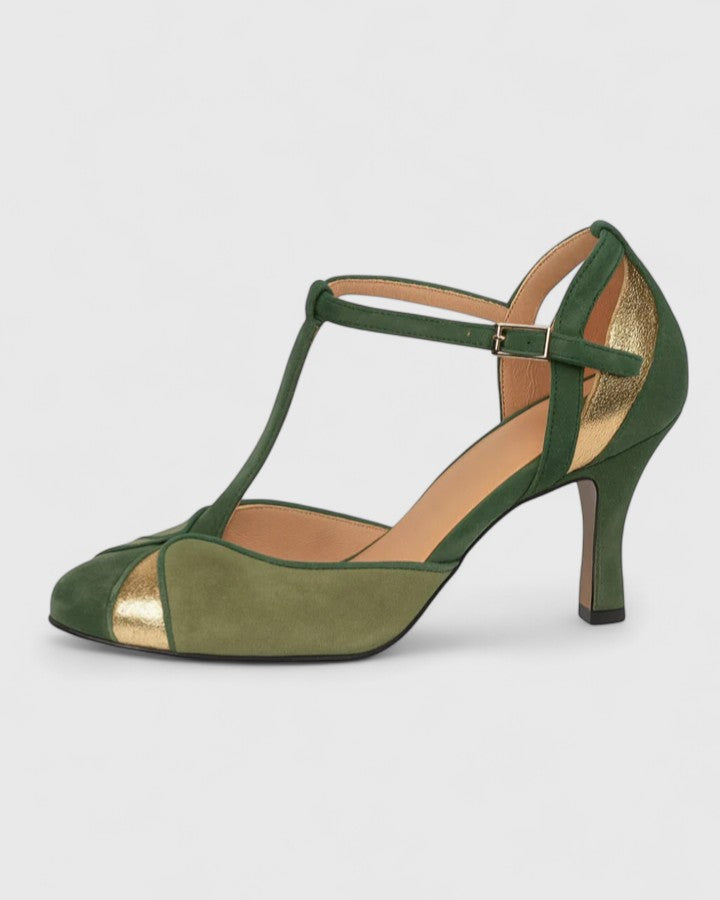 Comfortable Green Heels for Women with T Strap Ankle Style