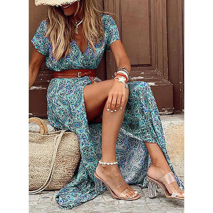 Stylish Floral Maxi Dress for Women with V Neck A Line