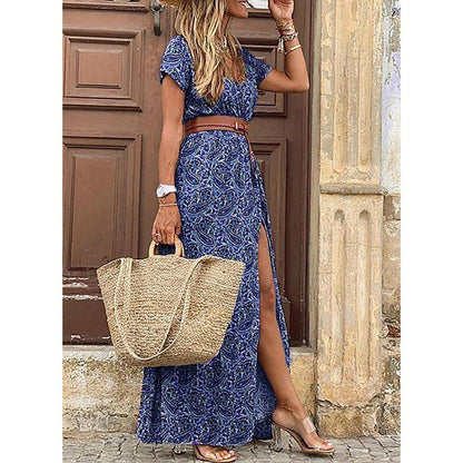 Stylish Floral Maxi Dress for Women with V Neck A Line