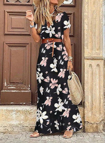 Stylish Floral Maxi Dress for Women with V Neck A Line