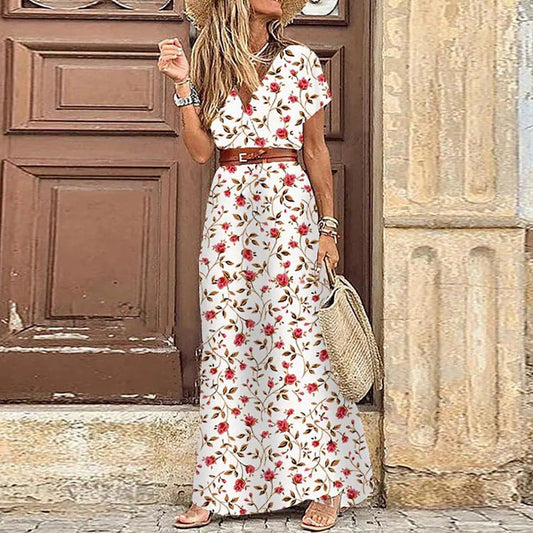 Stylish Floral Maxi Dress for Women with V Neck A Line