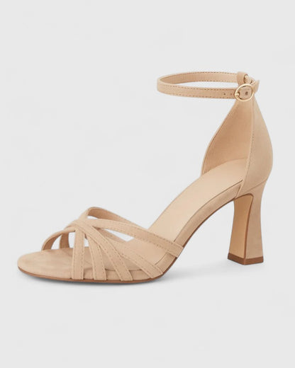 Comfortable Beige Heels for Women with Block Heel Ankle Strap Style