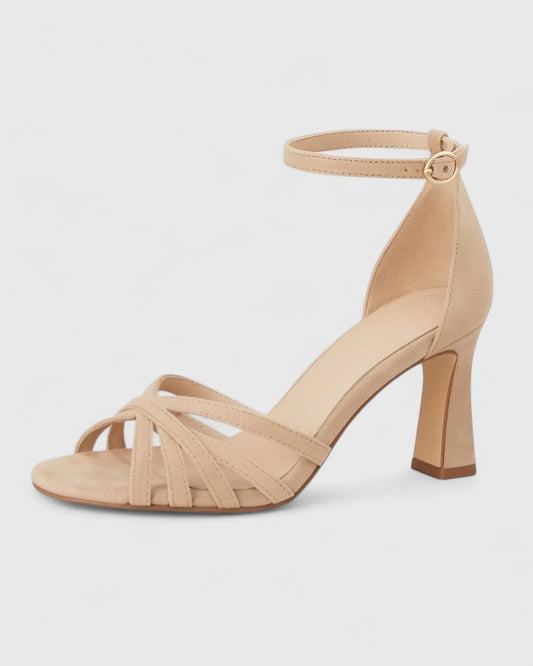 Comfortable Beige Heels for Women with Block Heel Ankle Strap Style