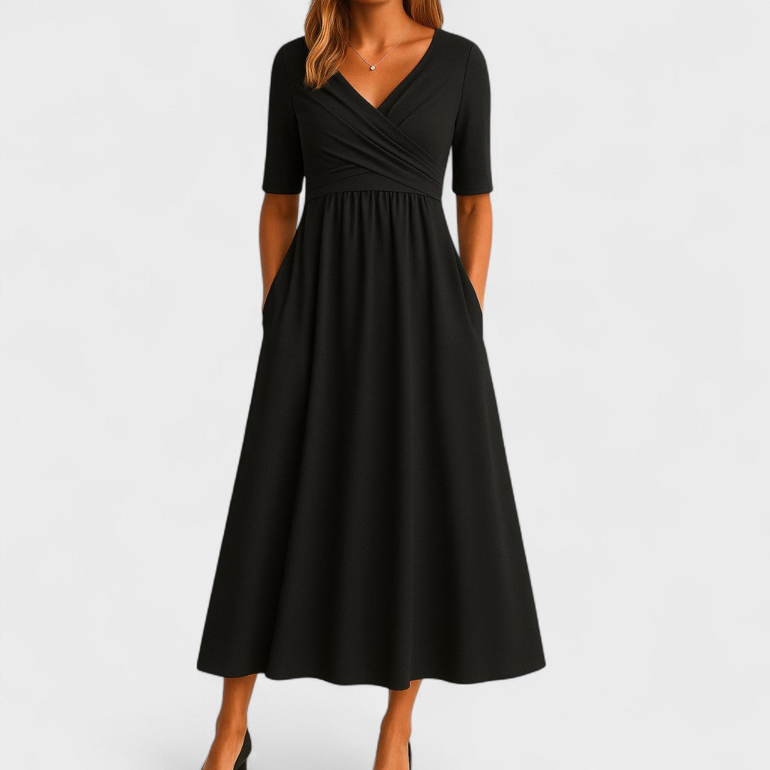 Elegant Wrap Midi Dress for Women with Pleated Casual Style